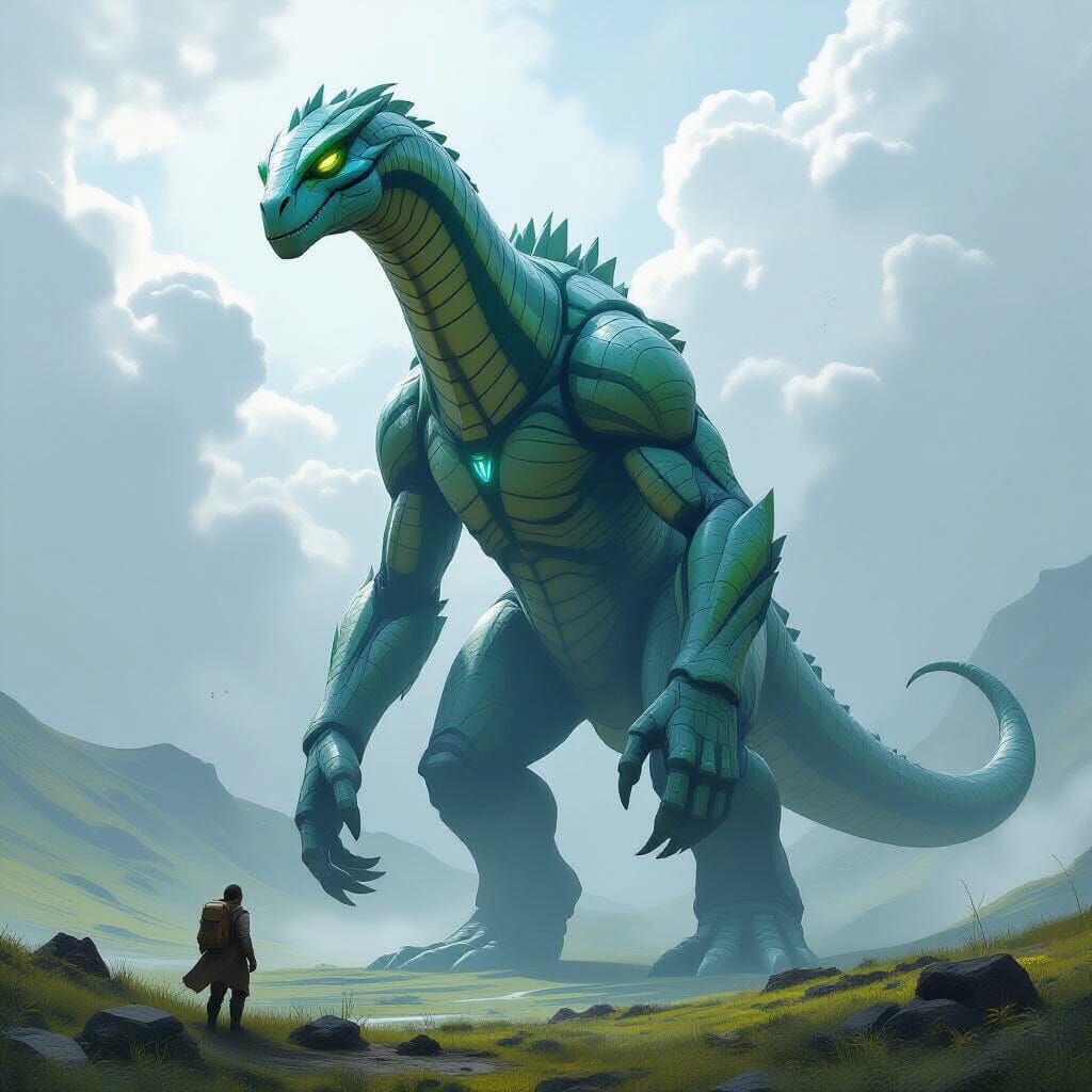 Colossal Sci-Fi Creature Rises from Grassy Landscape