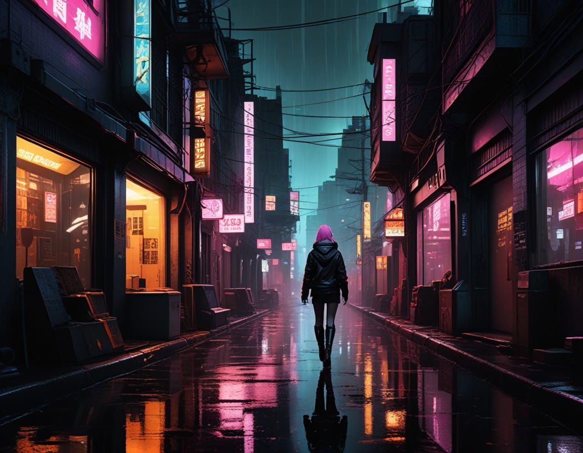 Anime Cat Girl in Neon Cityscape