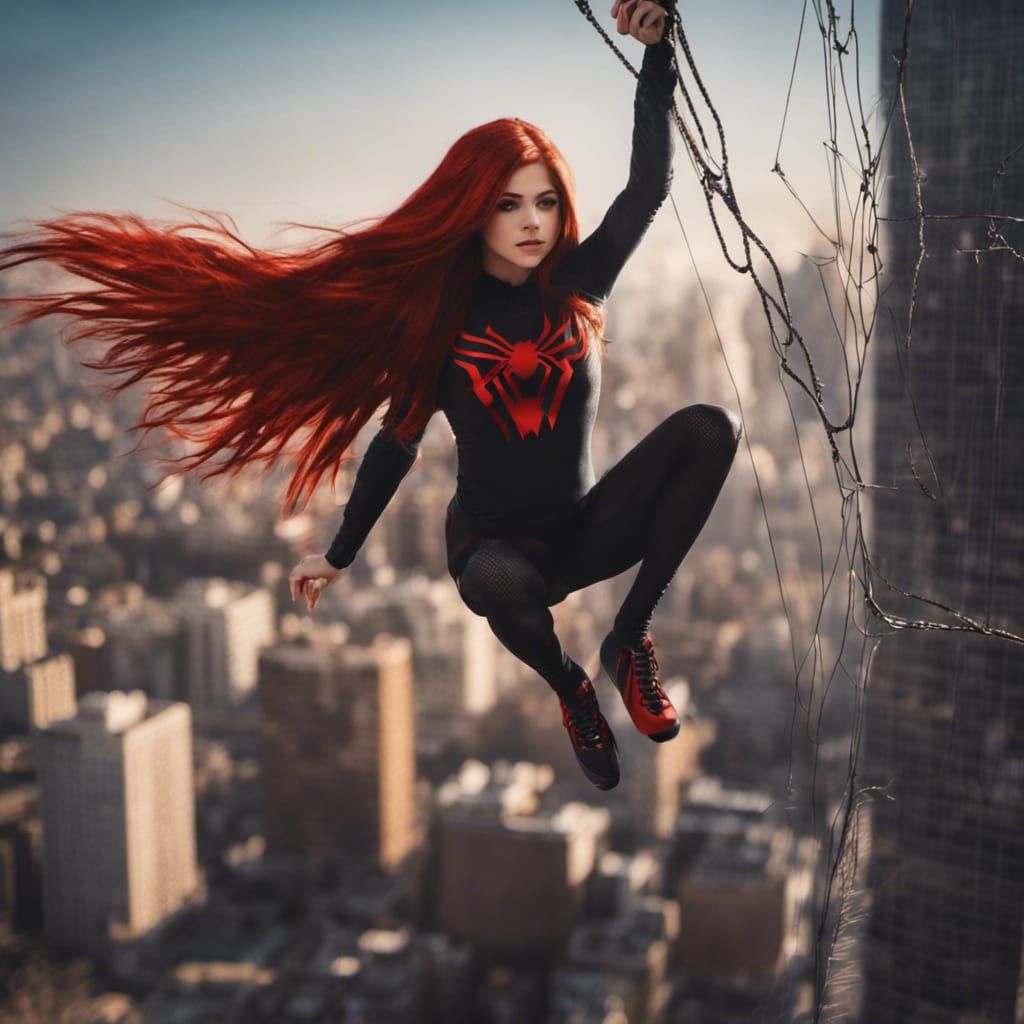 Spiderwoman Swings Through Cityscape: Digital Art