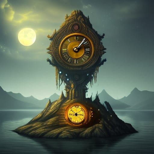 Golden Clock Tree Island Under Moonlight