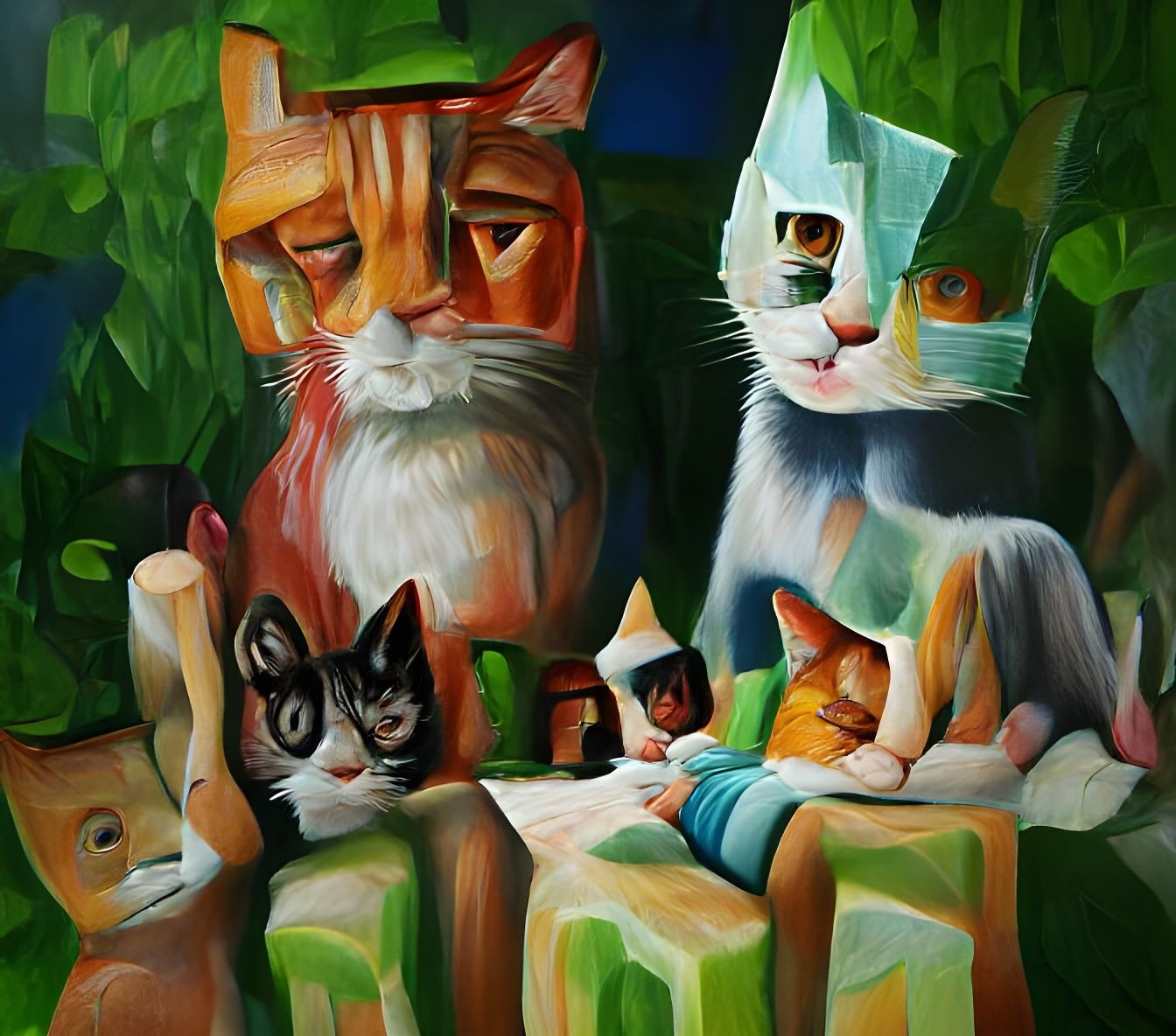 Cubist Cat Family Illustration in Oil