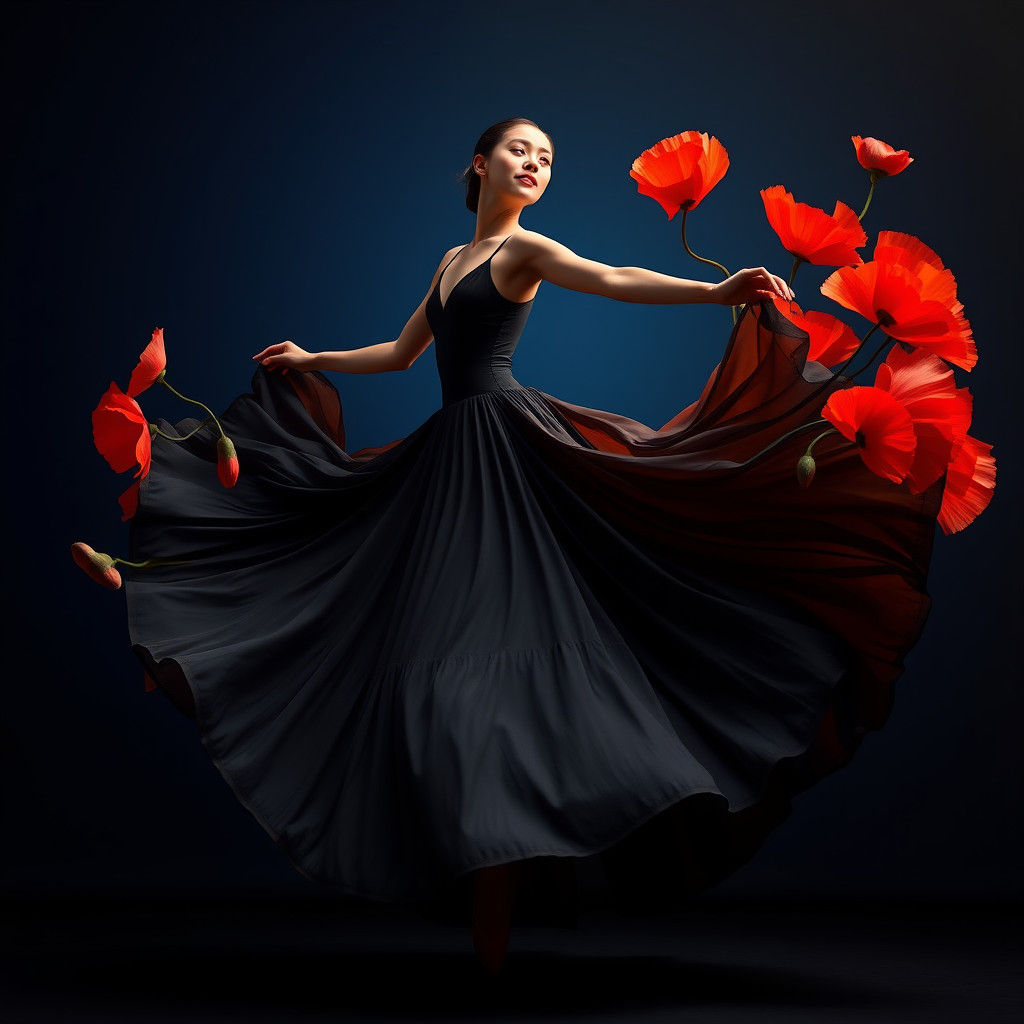 Poppy Dancer in Flowing Black Dress: Surreal Art