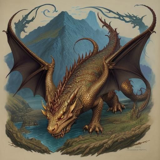 Dragon Circling Lothlórien in Alcohol Ink Style