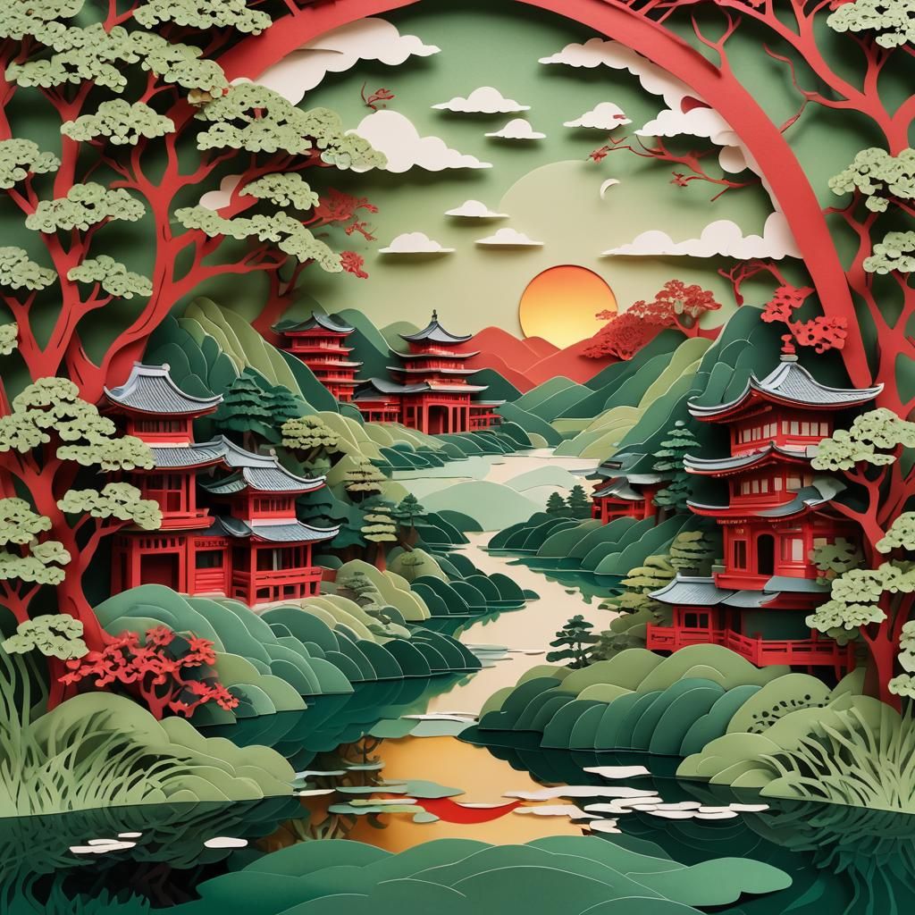 Japanese Landscape in Kirigami Paper Art