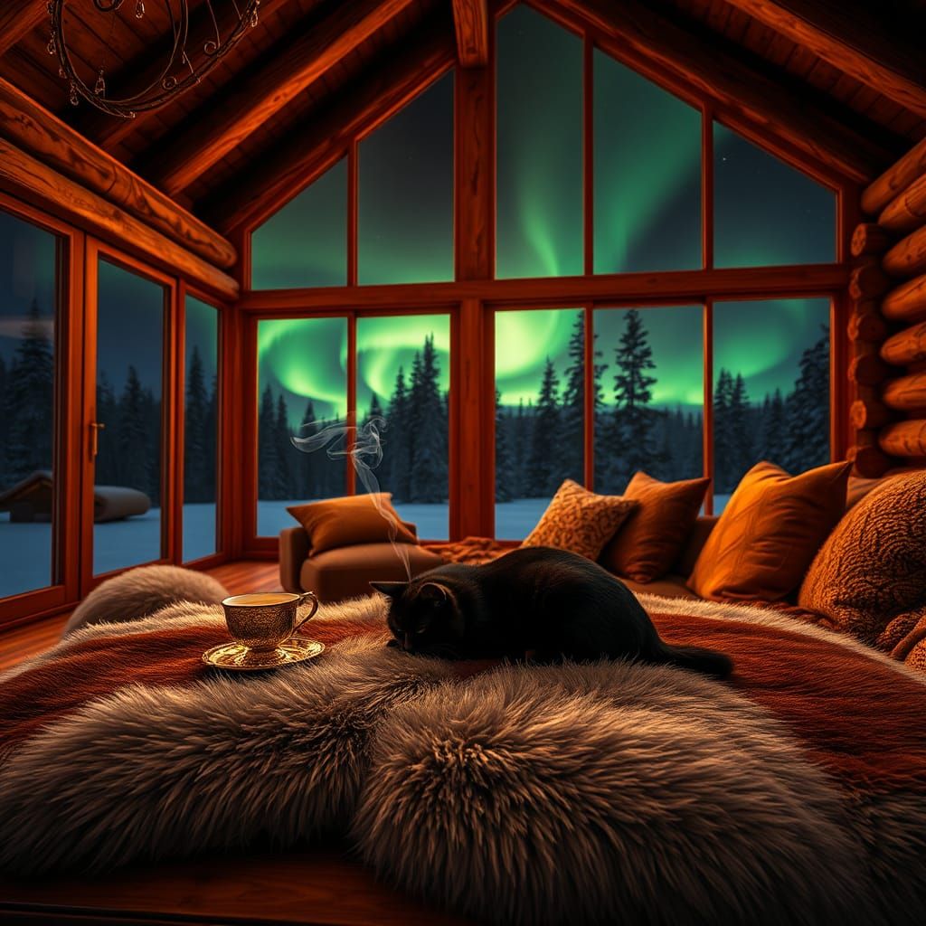 Cozy Log Cabin Interior with Northern Lights