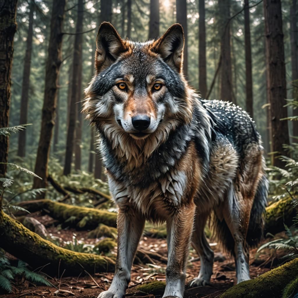 Hyperrealistic Sparkle Wolf in Forest