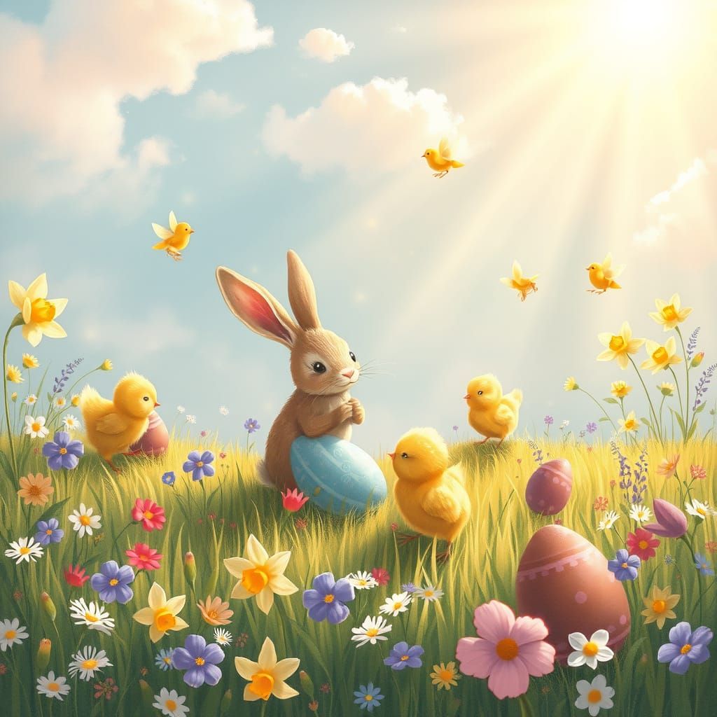 Whimsical Easter Scene with Rabbits and Wildflowers