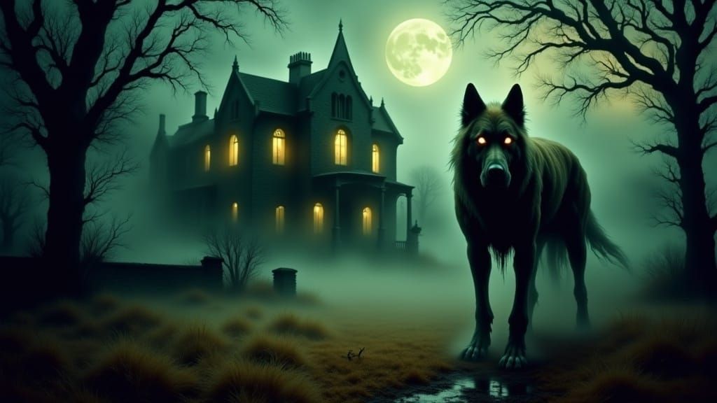 Eerie Hound in Misty Landscape, Illustration Art