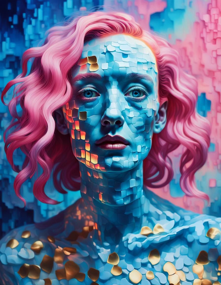 Pixelated Woman in a Surrealist Dreamscape