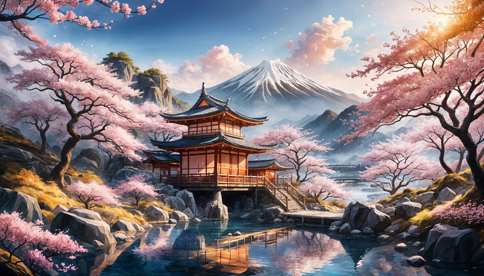 Mountain Hot Spring with Sakura Trees at Sunset