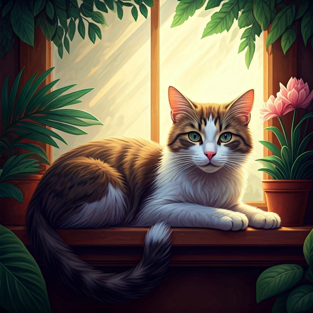 Regal Cat in Whimsical Garden Scene