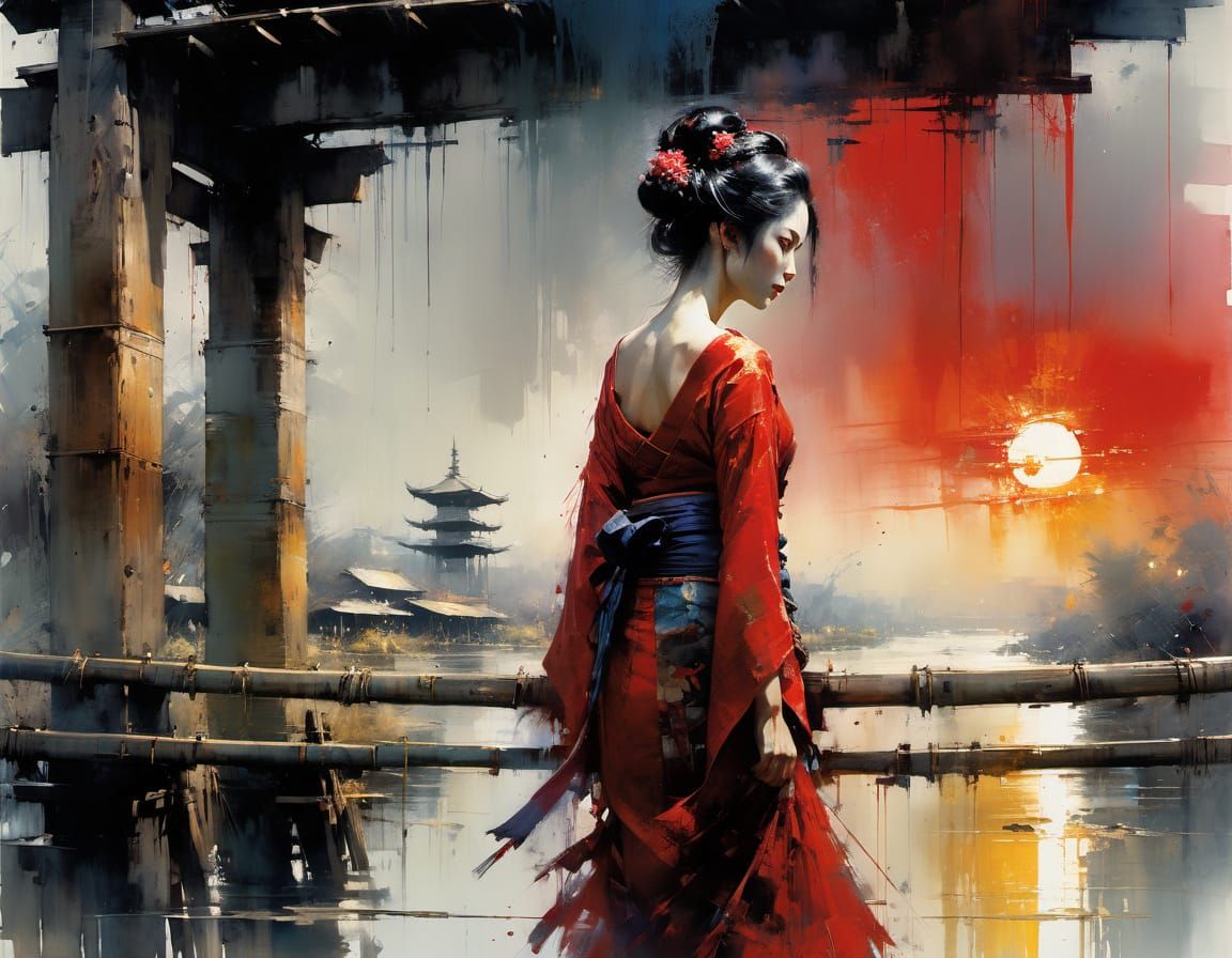 Surreal Watercolor of a Geisha at Sunset