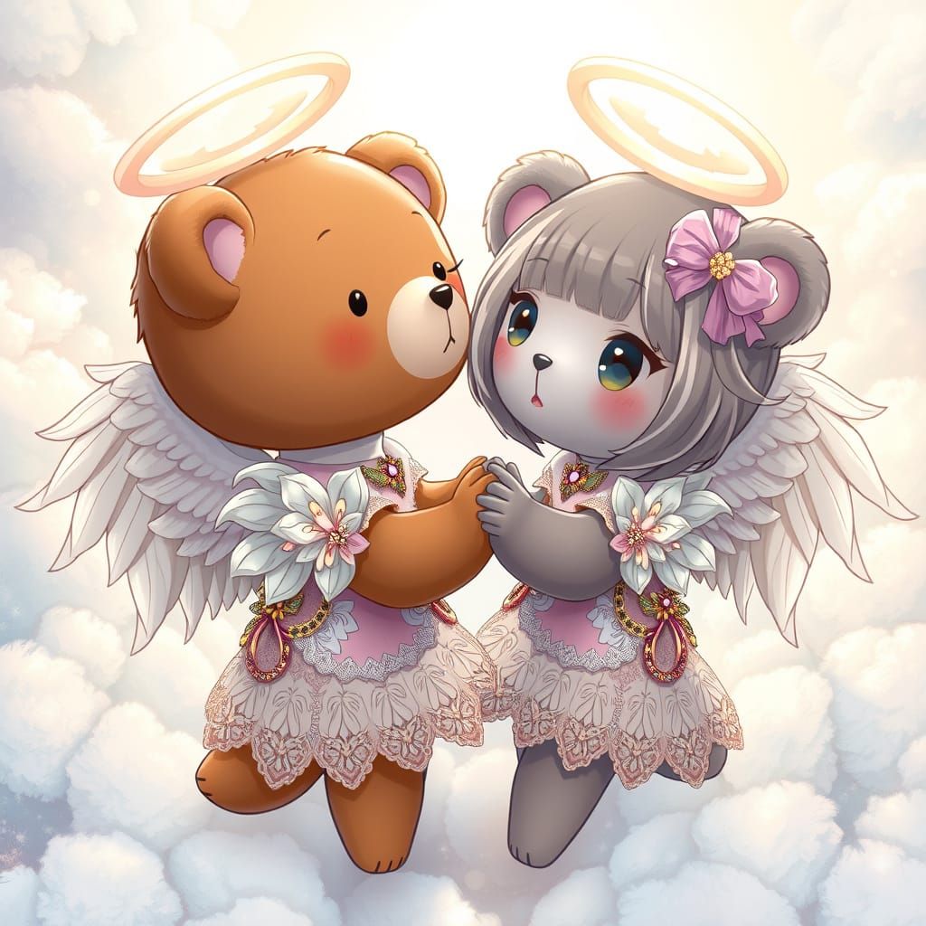 Anime-Inspired Bears in Angelic Outfits with Delicate Wings