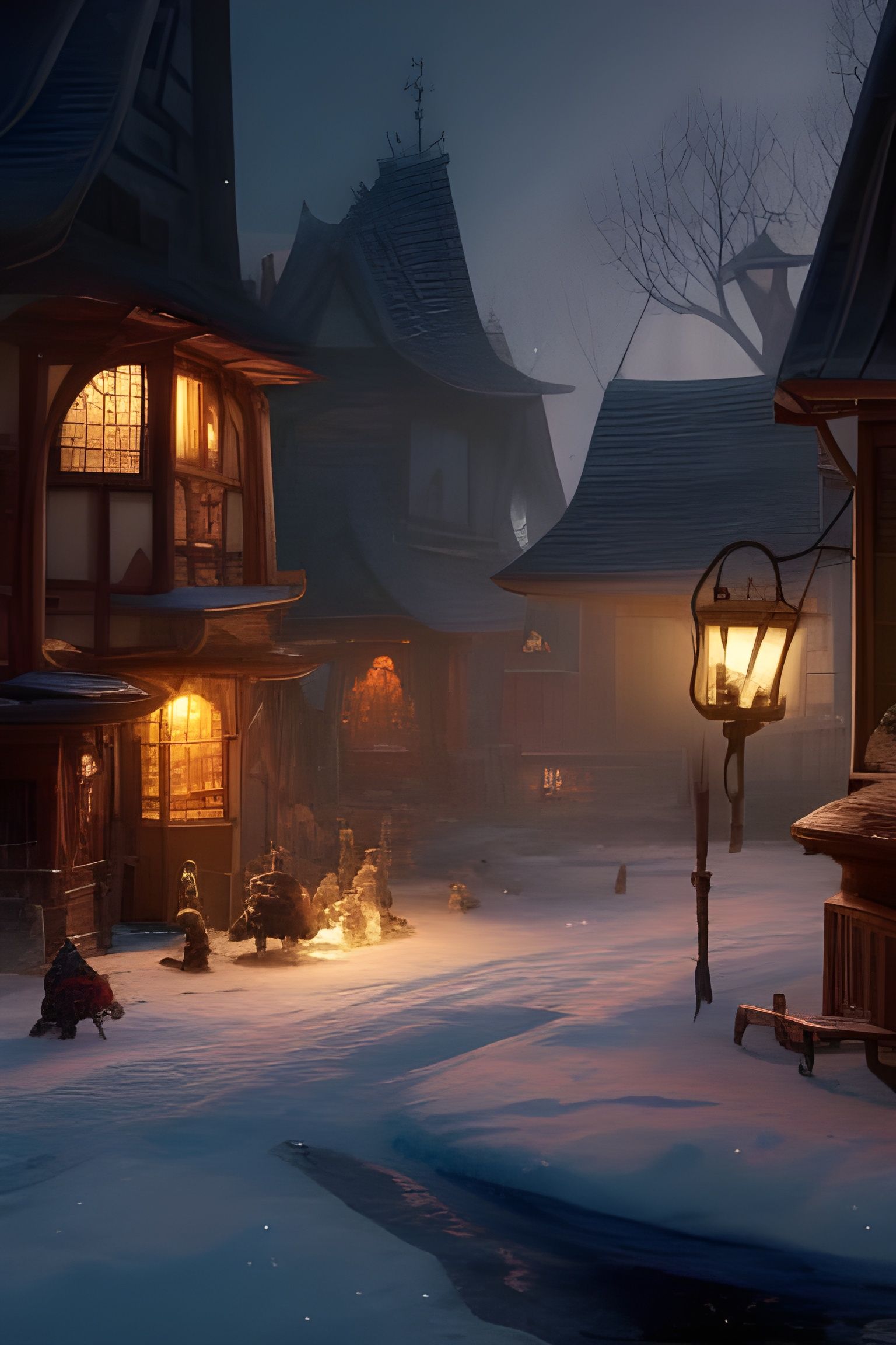 Magical Snow Village at Night: Baroque Oil Painting