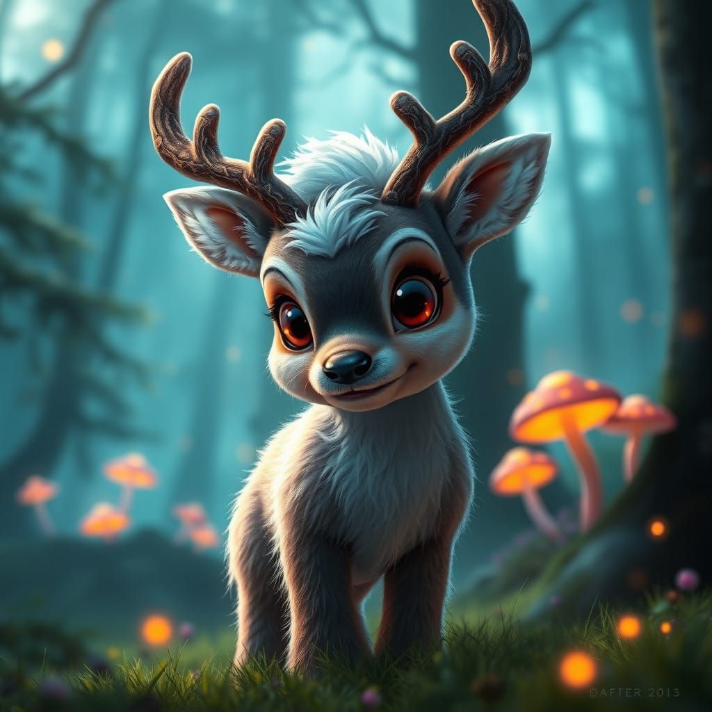 Whimsical Raindeer Puppy in Vibrant Fantasy Landscape