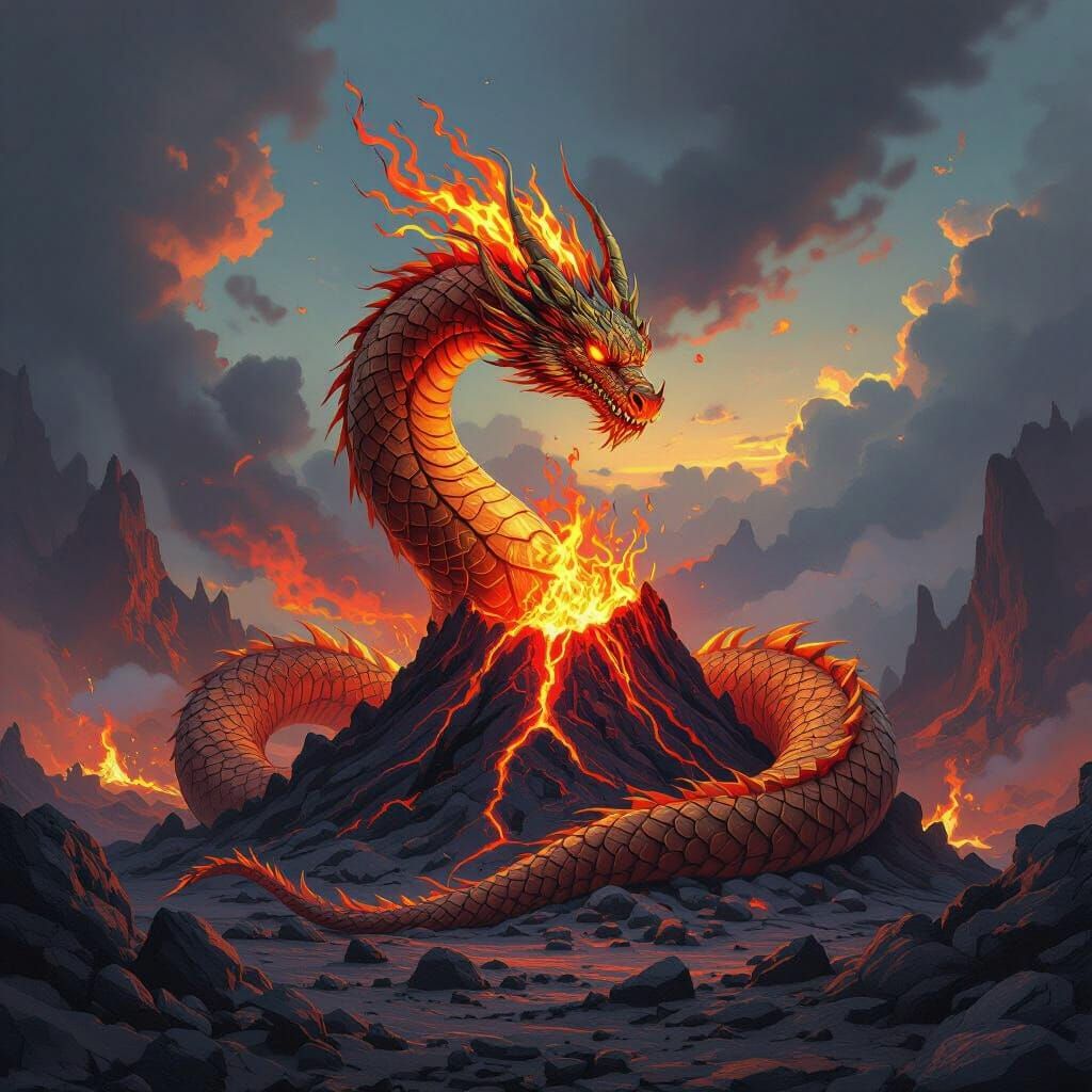 Fiery Dragon Coiled Around Volcano in Digital Art Style