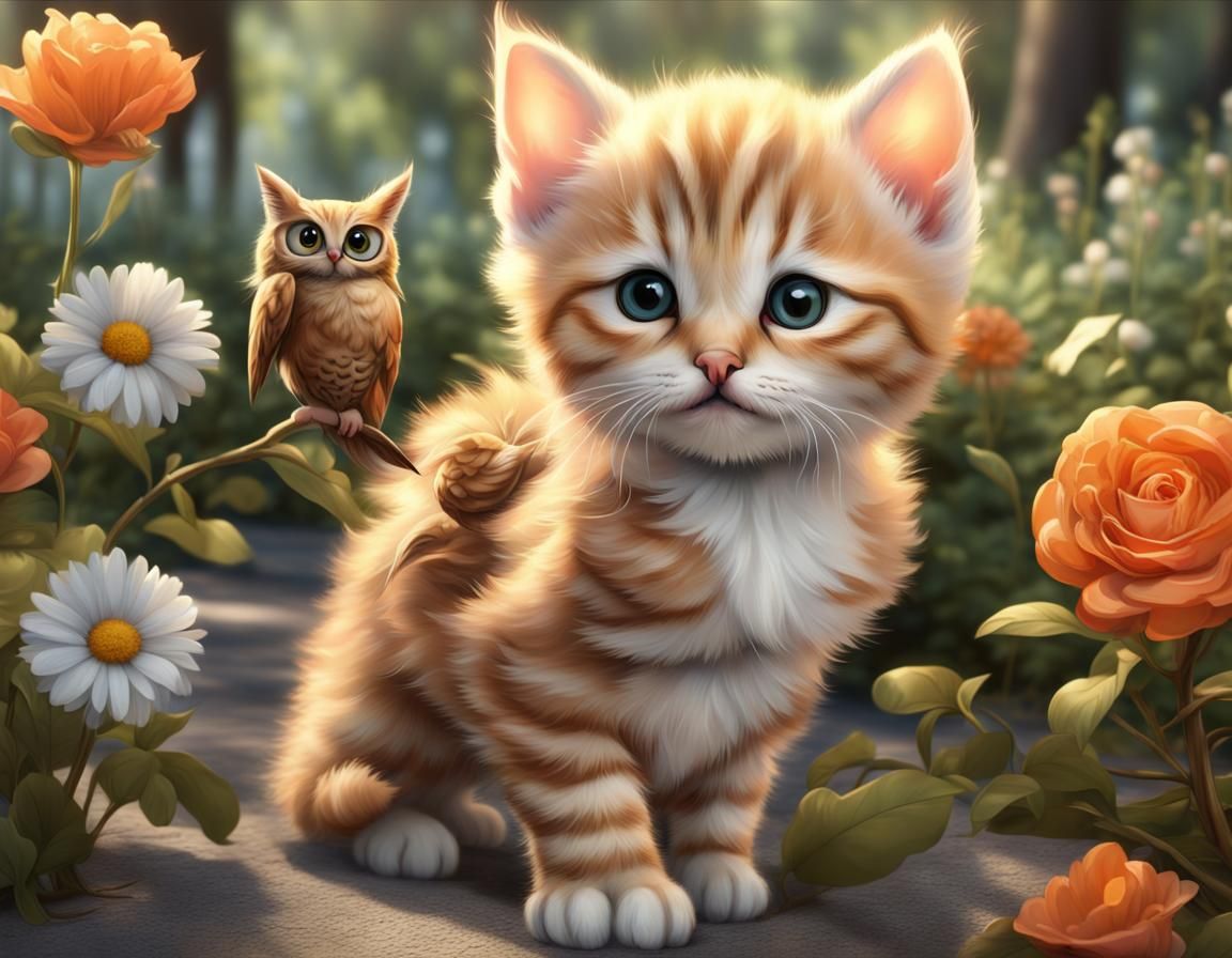 Kitten and Owl Cuddle in Flower Garden