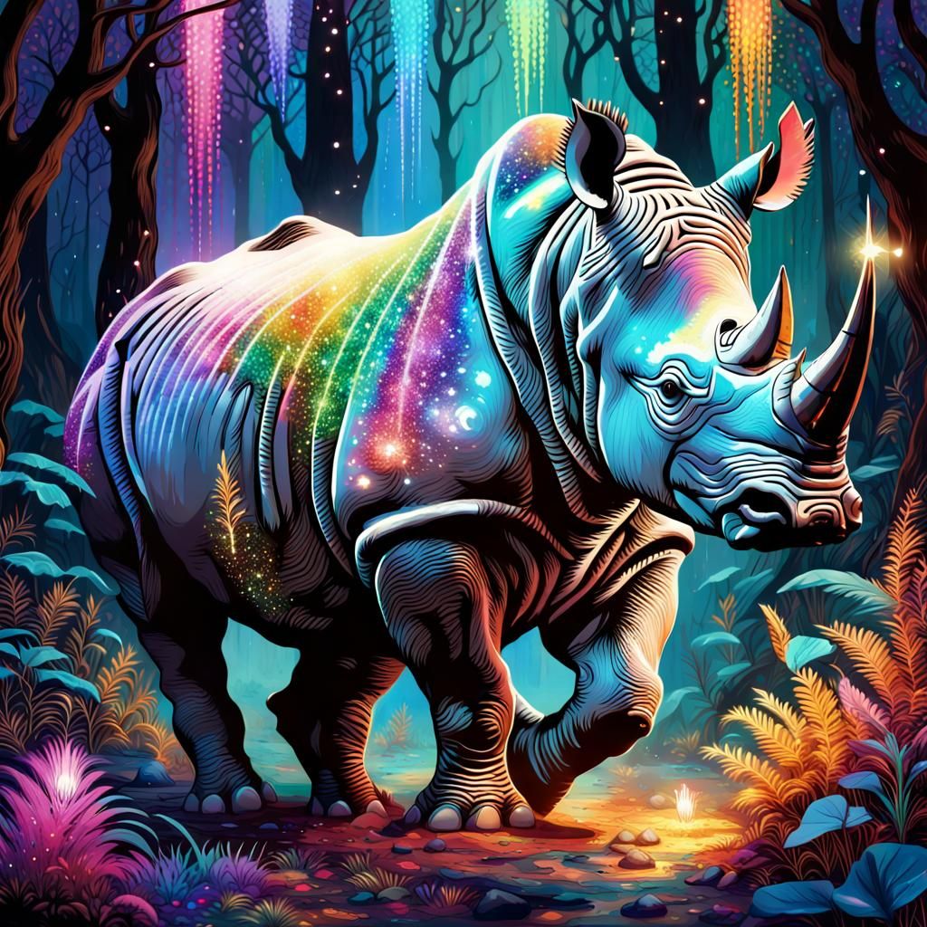Dreamcore Rhino Leaping Through Bioluminescent Forest