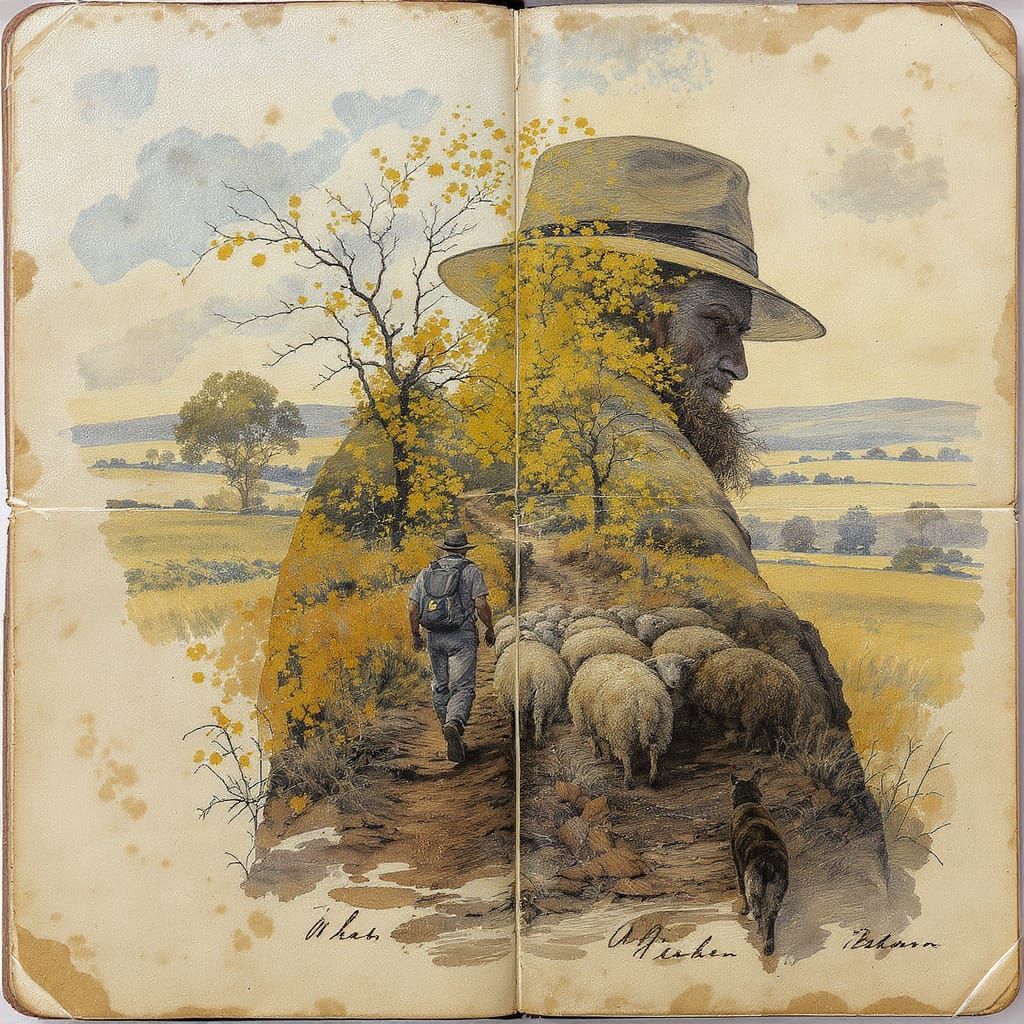 Double Exposure: Farmer and Sheep in Watercolor Sketchbook
