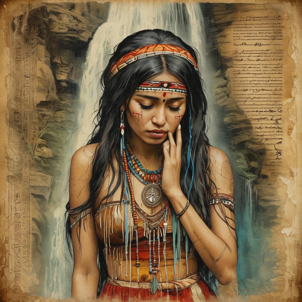 Exotic Lady Crying in Watercolor by Waterfall