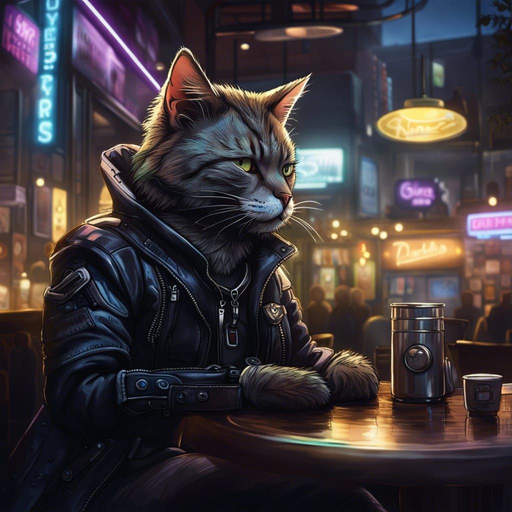 Cyberpunk Cat Portrait in a Jazzy Cafe
