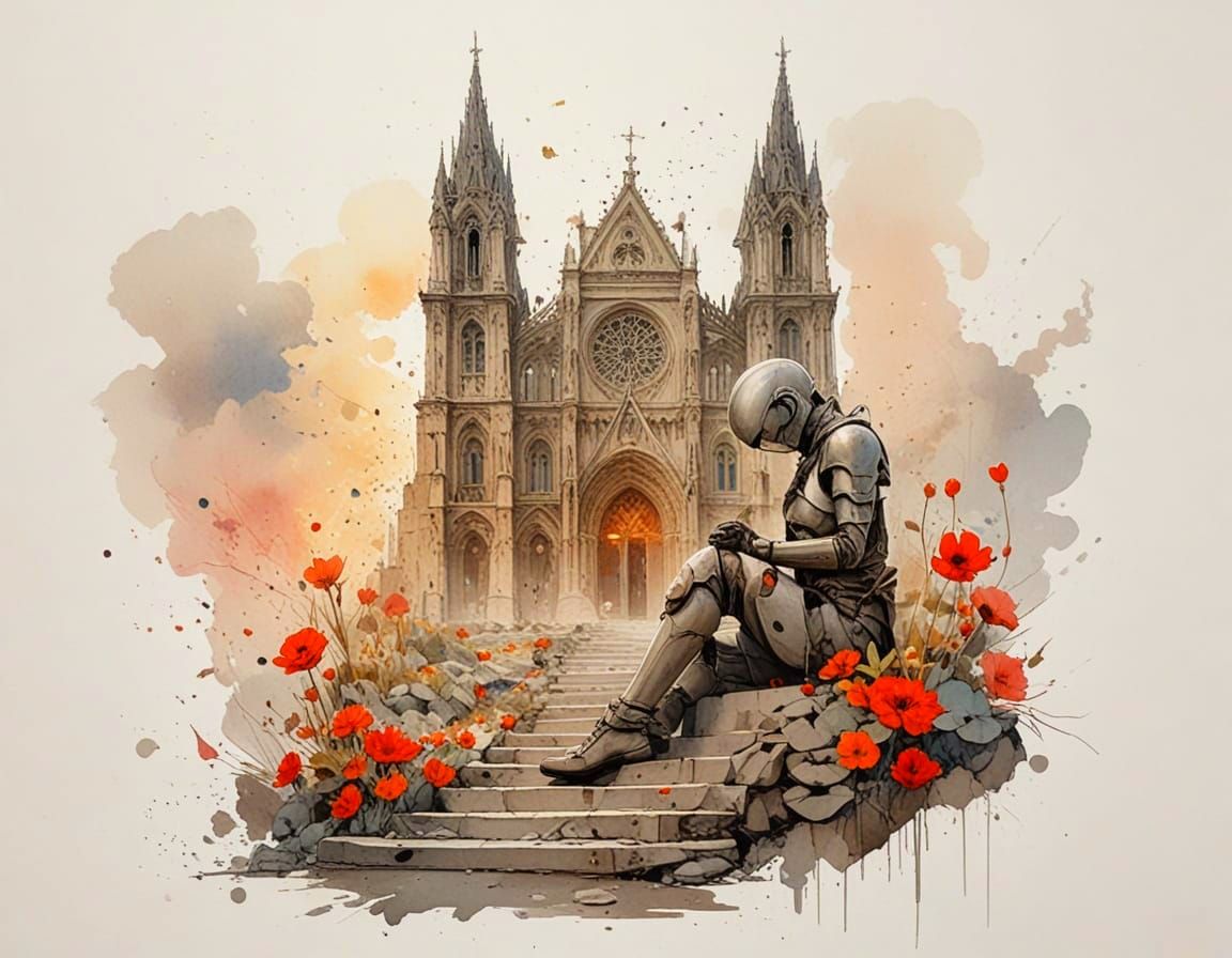 Android Sketches Flowers in Ruined Cathedral