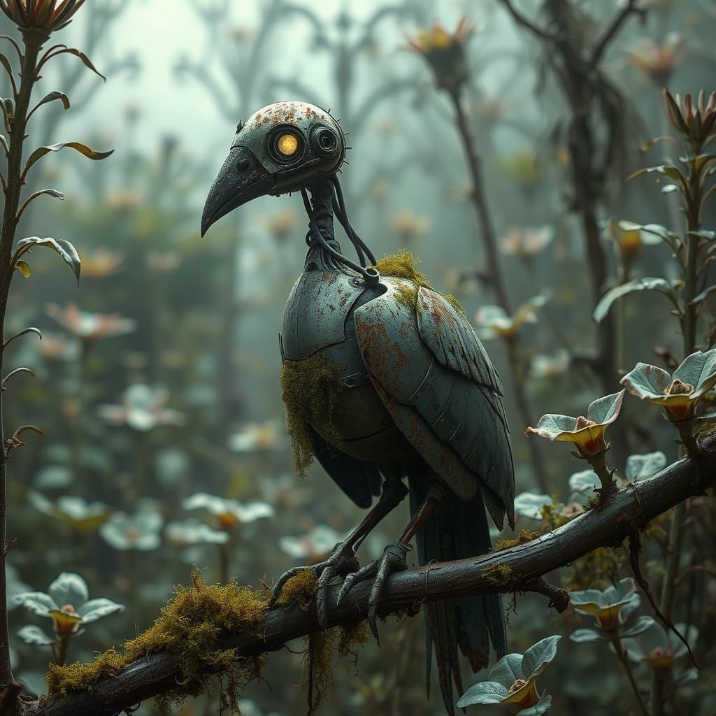 Dilapidated Mechanical Bird in Forgotten Garden