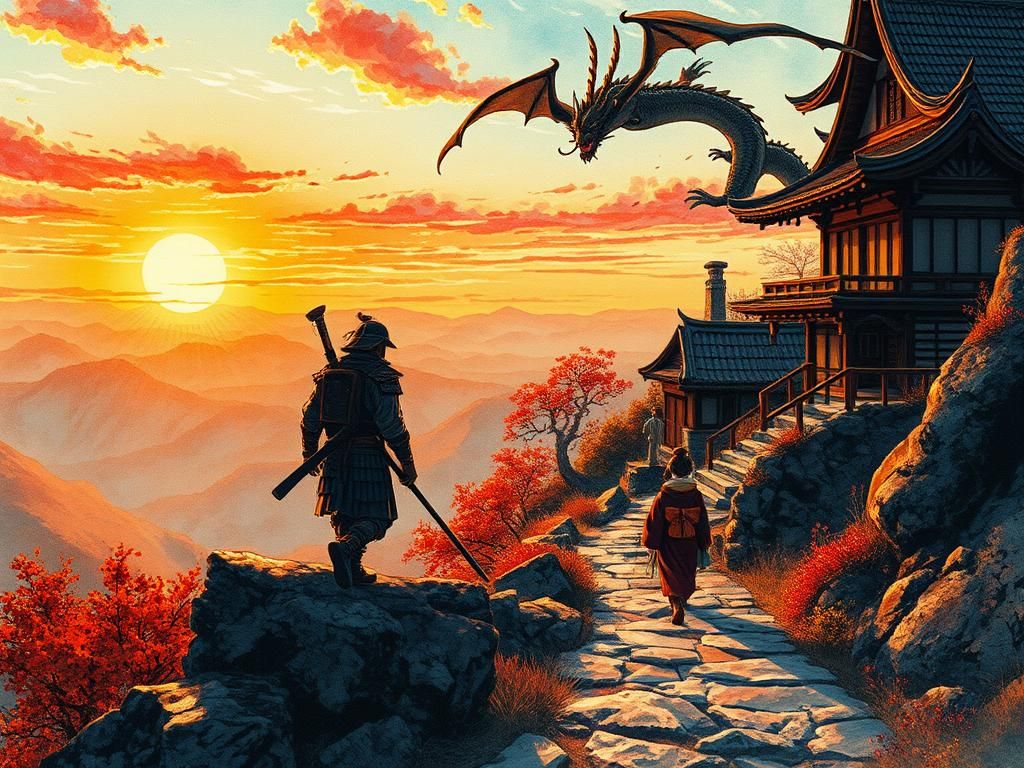 View of a Samurai walking at sunset on a difficult path on t...