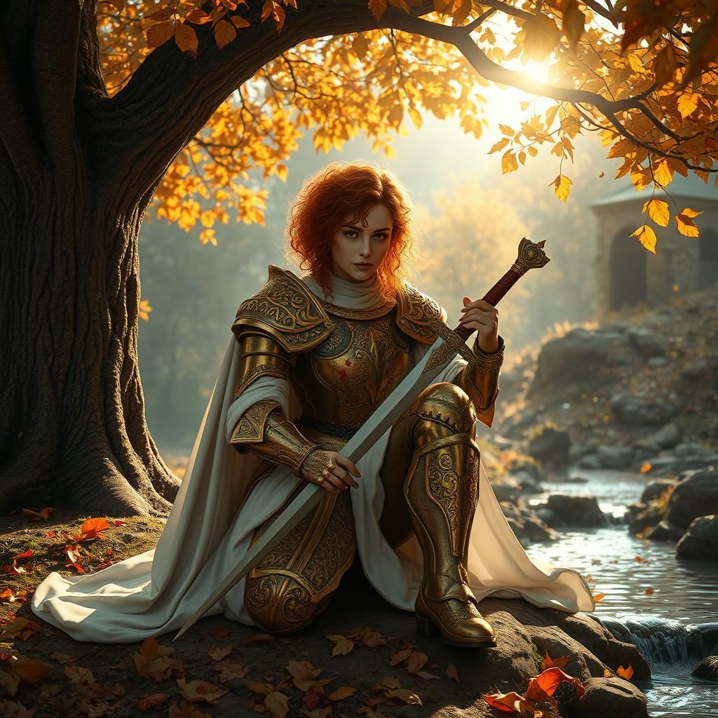 Red-Haired Knight Polishing Rapier in Autumnal Scene