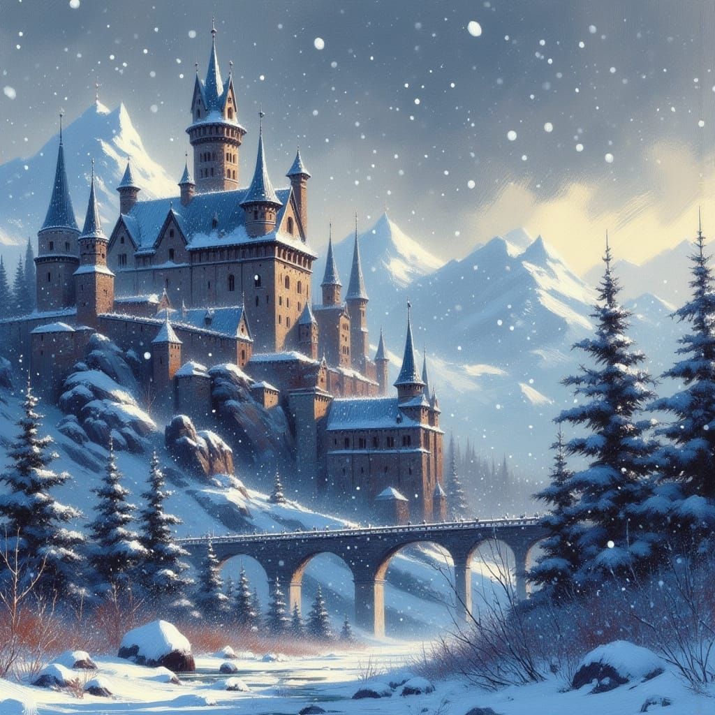 Regal Winter Kingdom in a Swirling Dance of Grays and Blues