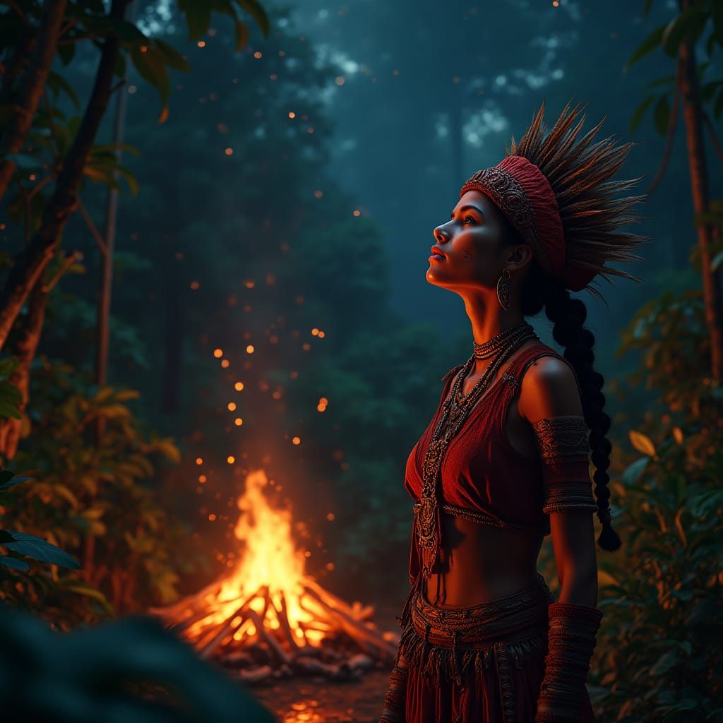 Serene Shaman in Amazonian Attire Under Starry Night Sky