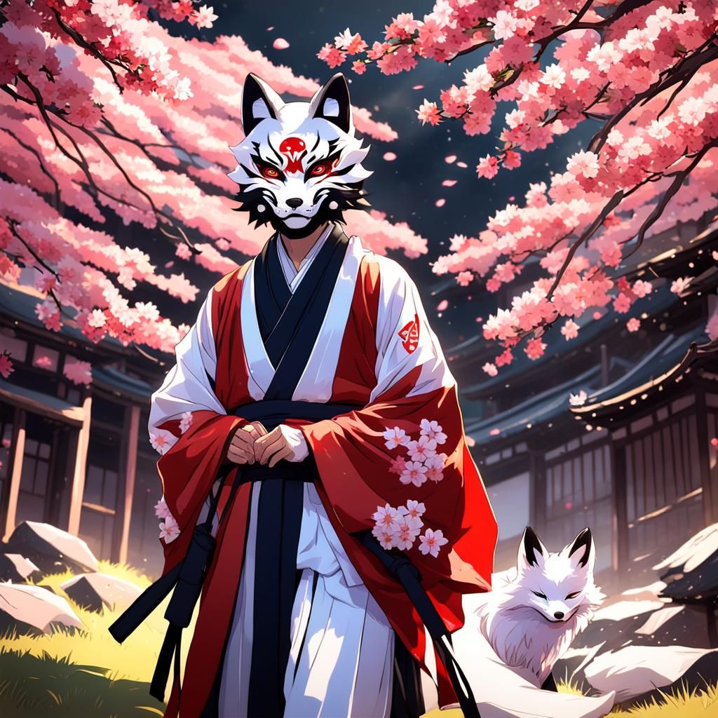 "A mysterious  ninja wearing a traditional Japanese (YangYong kabuki  Fox Mask) and the matching traditional style robes...