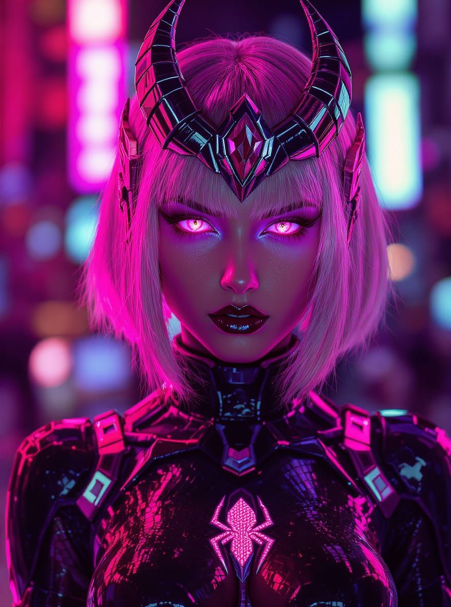 Fierce Cyberpunk Woman with Magenta Eyes in Neon City