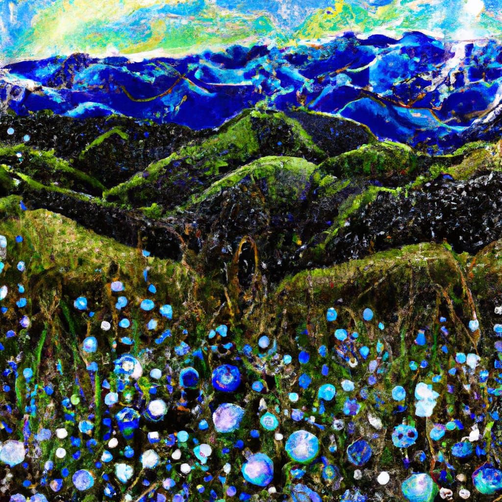 Surreal Bioluminescent Mountains in Pointillist Style