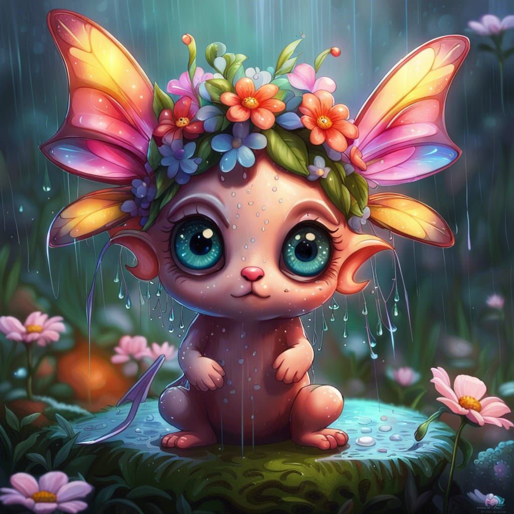 Cute Fairy in the Rain: Chromolithography Art