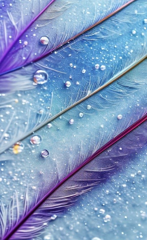 White Feather with Water and Snow, Soft Blue and Purple High...