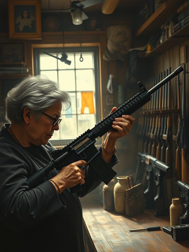 Meticulous Gunsmith Inspecting Rifle in Dark, Somber Store