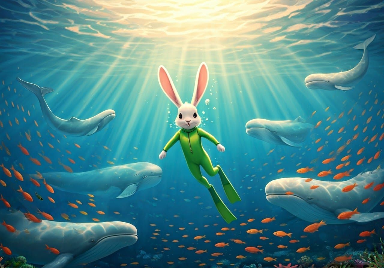 Whimsical Rabbit Surrounded by Majestic Beluga Whales in Neo...