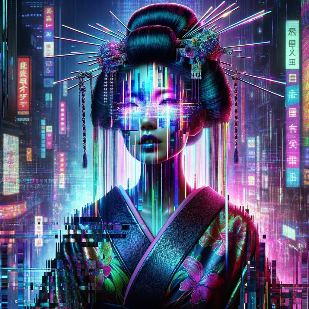 Cyberpunk Geisha Portrait with Neon Glitch Effects