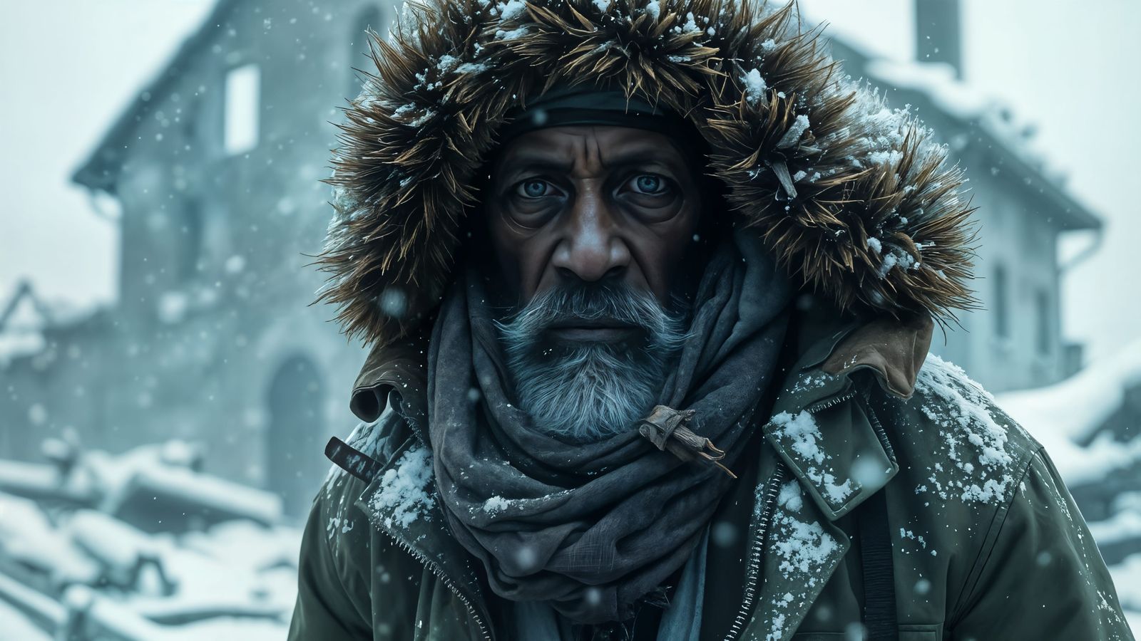 Elderly Apocalypse Survivor in a Blizzard