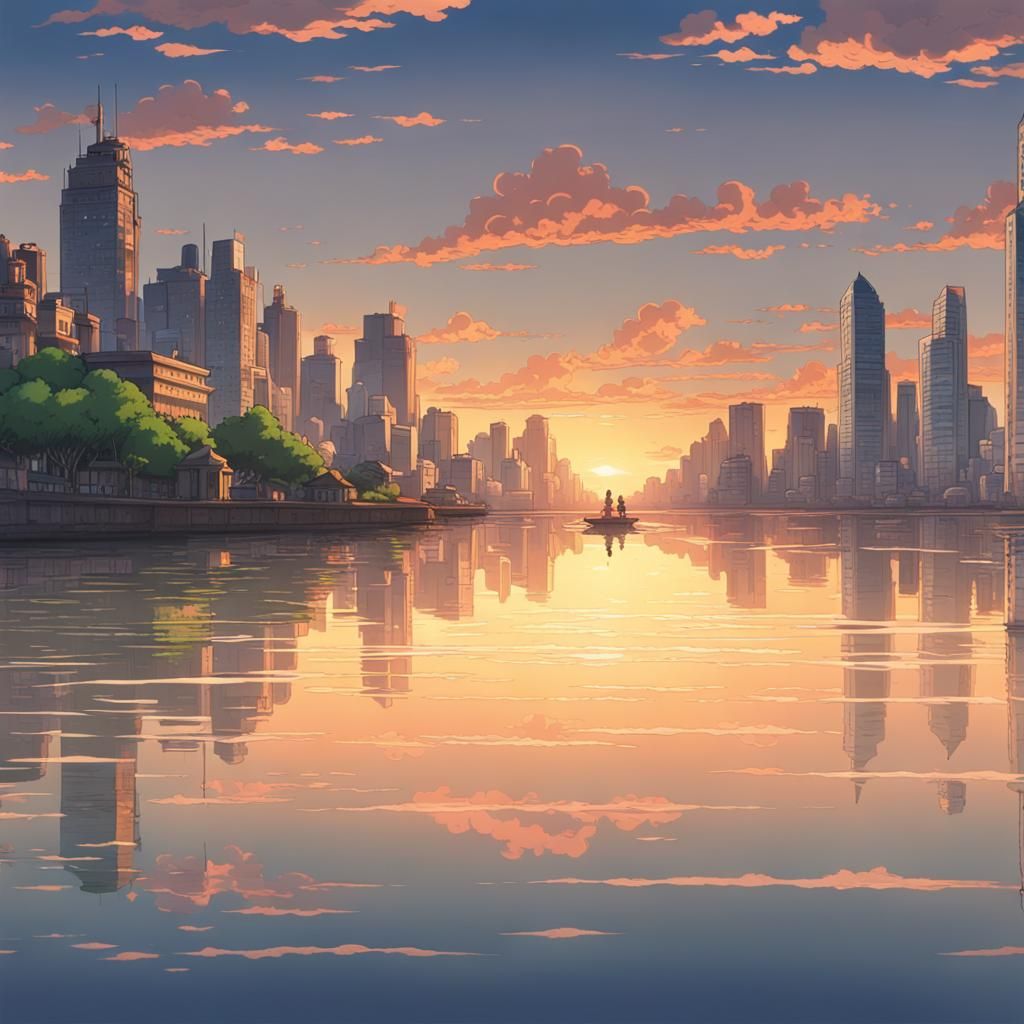 Anime Sunset Cityscape by Makoto Shinkai