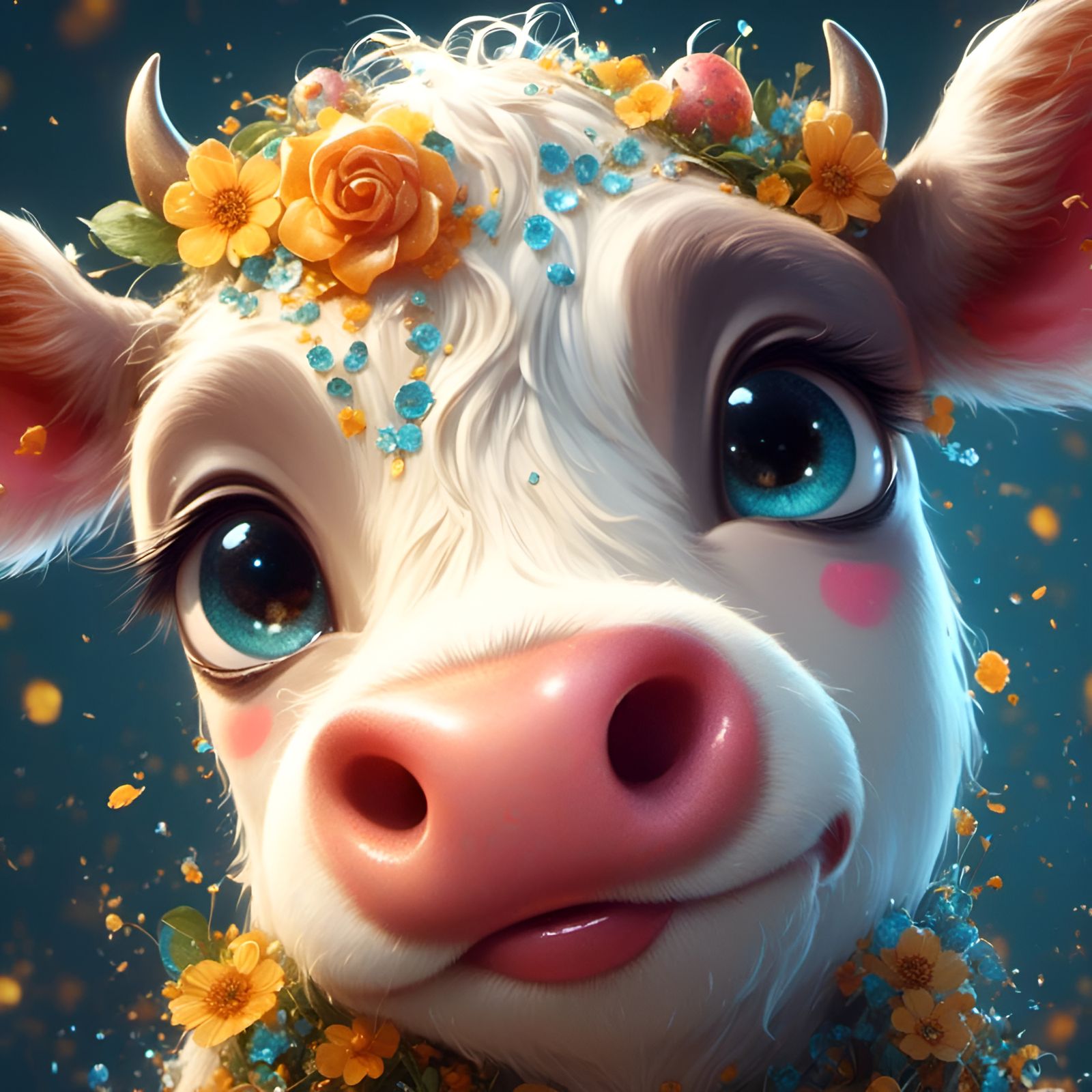 Sad Cartoon Cow Portrait in Whimsical Style