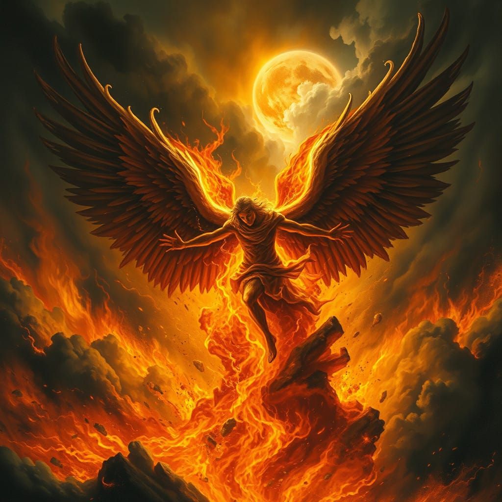 Dark Fire Angel in Turbulent Stormy Skies