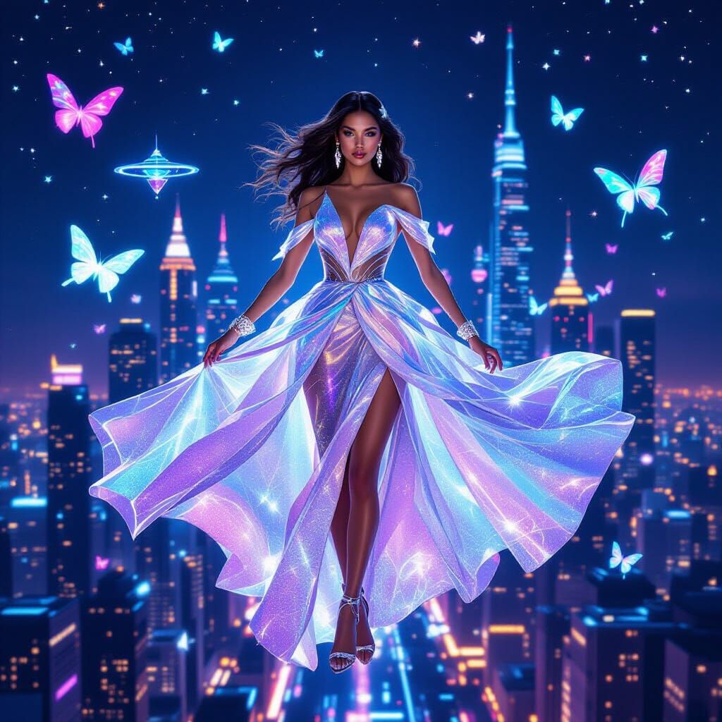 Woman Floats Above Neon Cityscape in Futuristic Style