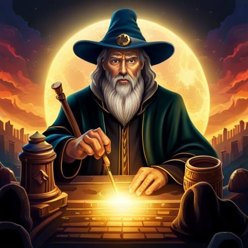 Fantasy Wizard Casting Spells in Stone Tower