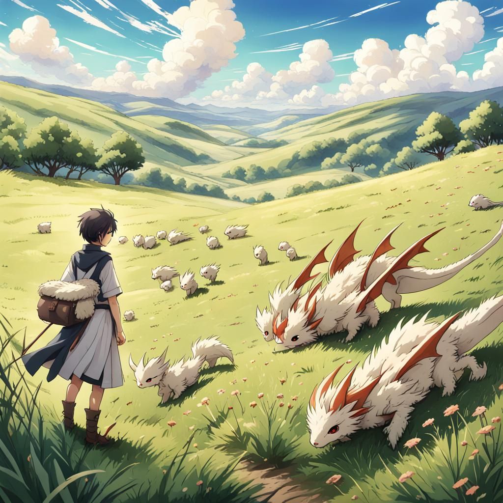 Wooly Dragons in Sunny Anime Landscape