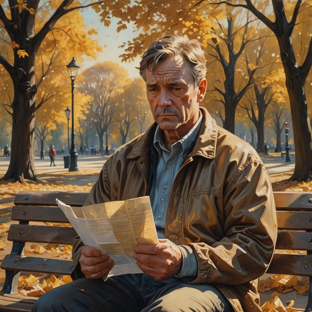 Melancholic Man on Bench in Autumn Sunlight
