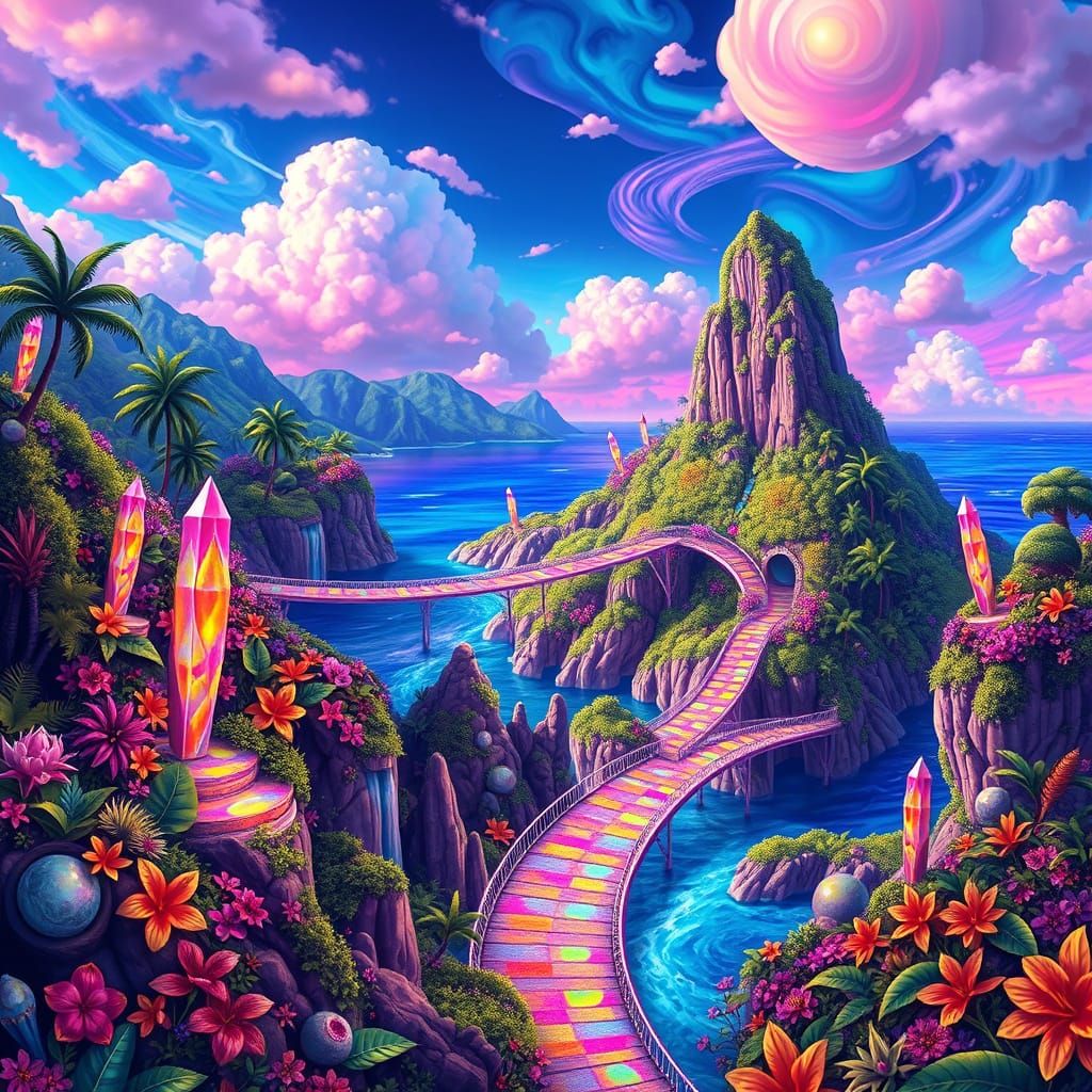 Vibrant Surrealist Hawaiian Landscape with Iridescent Bridge...