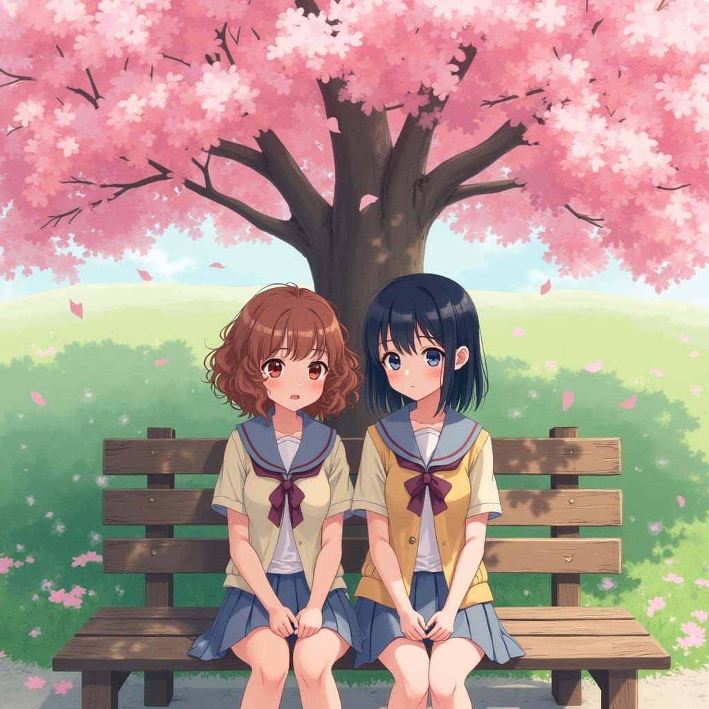 Anime-Inspired Cherry Blossom Scene with Teenage Girl Friend...