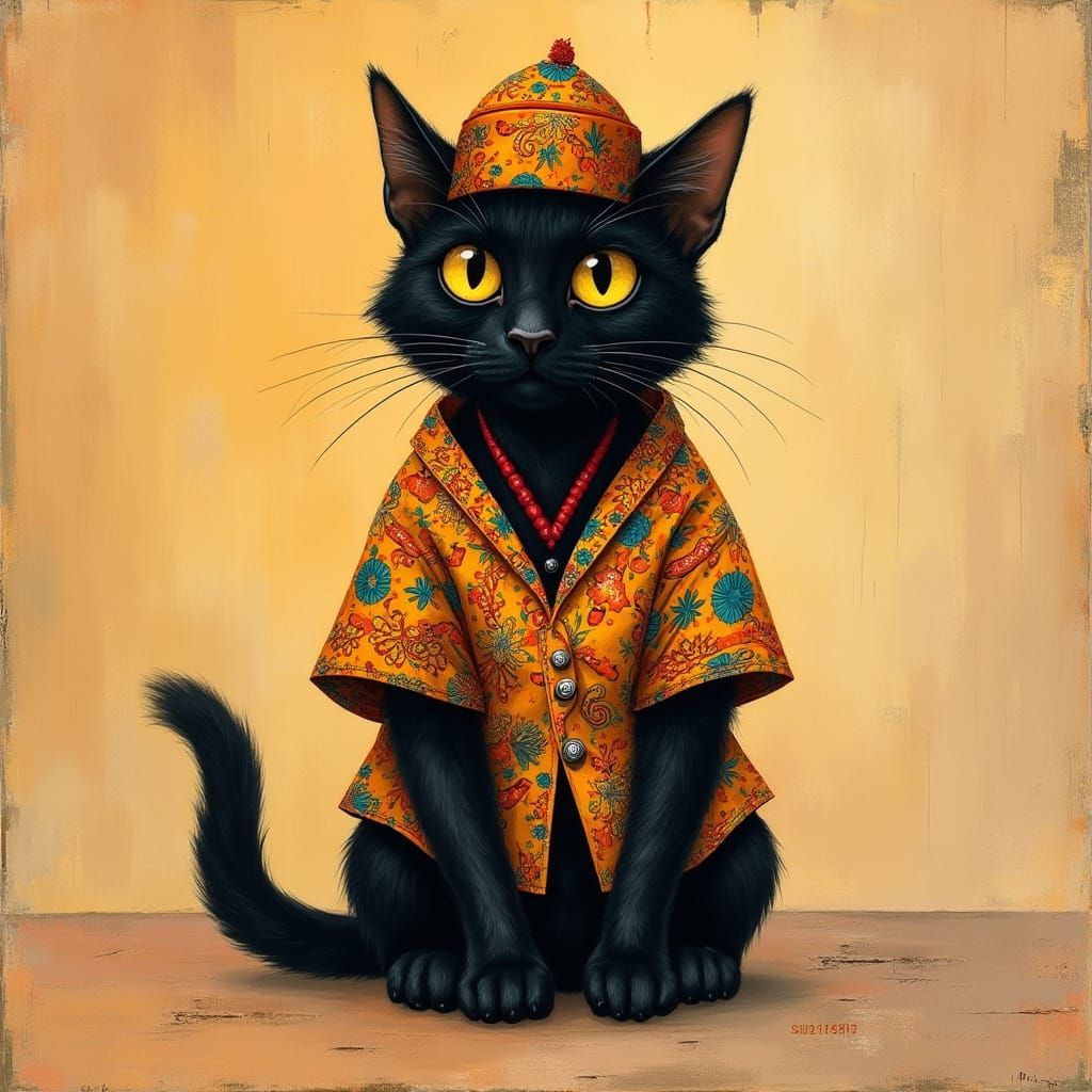 Black Cat in Dashiki and Kufi: Expressive Illustration